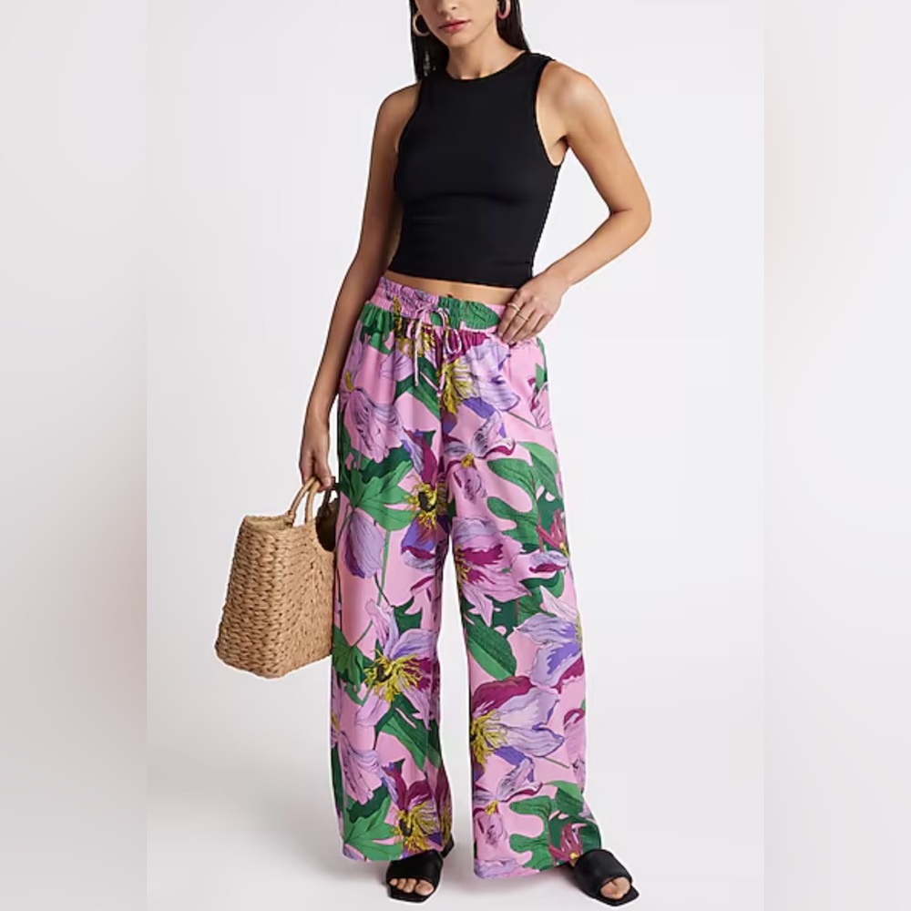 Express High Waisted Floral Pull On Wide Leg Pant Pink Size S NWOT - Picture 5 of 16